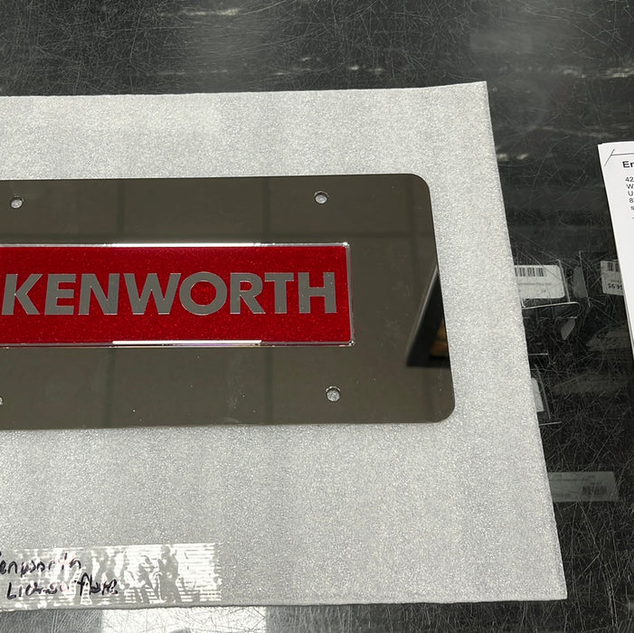 Kenworth stainless steel license plate with red rectangular logo