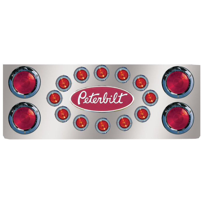 14" stainless steel rear center panel w/4 round 4", 12 round 2" and 2 holes for Peterbilt logo