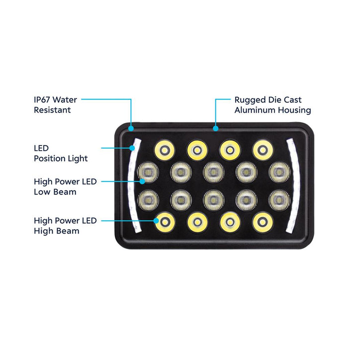 Black 4" x 6" rectangular 18 diode LED headlight - SINGLE