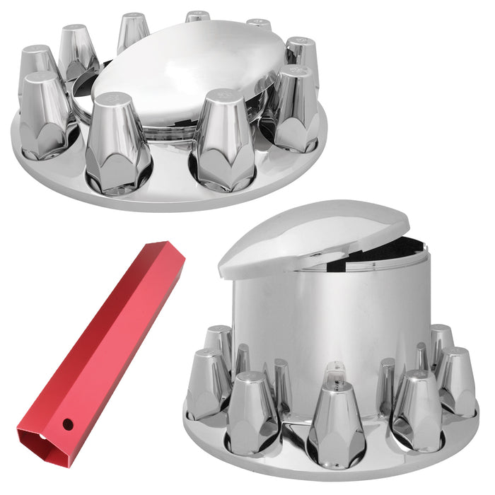 "Commercial Quality" full set of 6 chrome plastic axle covers - 2 steers, 4 drives, plus installation tool