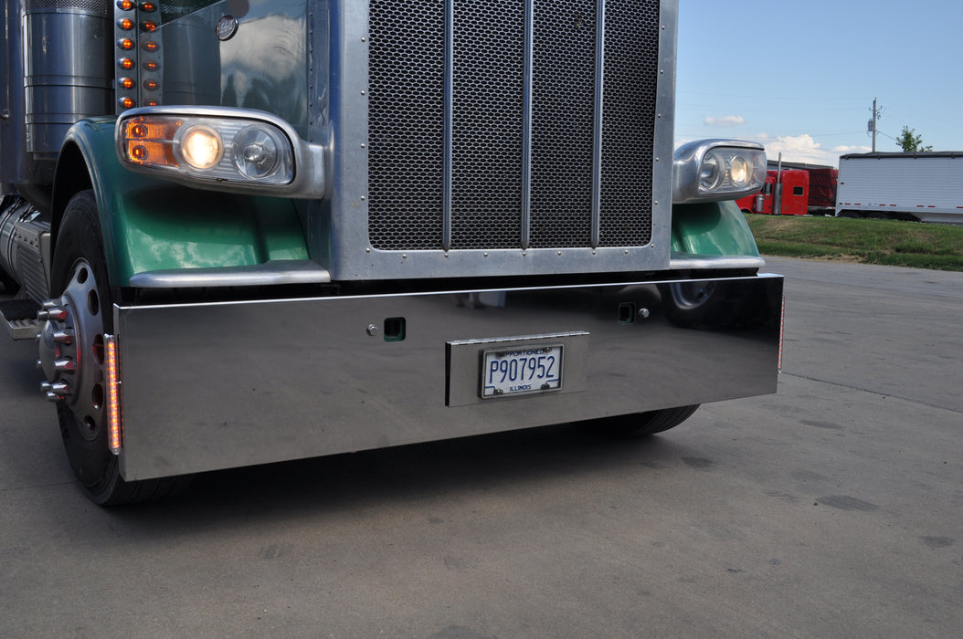 Peterbilt 389 18" stainless steel bumper with boxed ends, tow & mounting holes