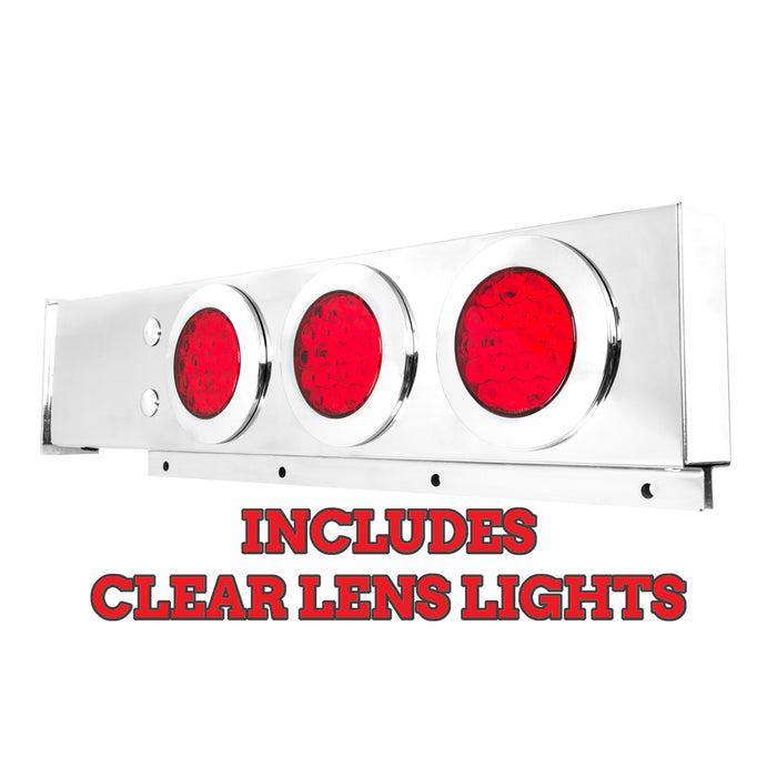 Stainless steel mudflap hanger w/6 round "Fleet" 4" Red LED lights (CLEAR lens) and chrome twist-lock bezels