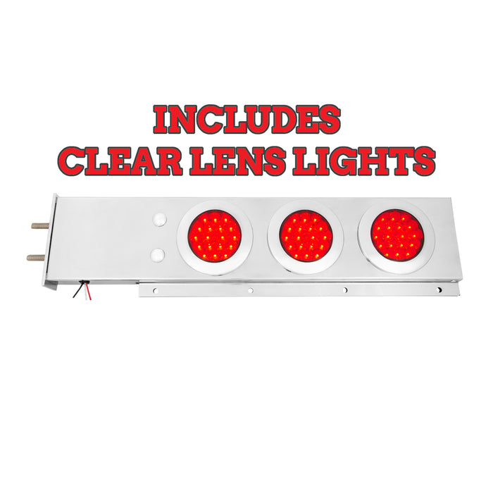 Stainless steel mudflap hanger w/6 round "Fleet" 4" Red LED lights (CLEAR lens) and chrome twist-lock bezels