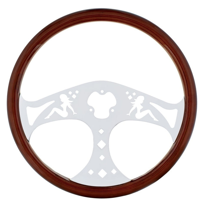 "Mudflap Girls" wood rim 18" steering wheel w/chrome spokes - 3 hole style