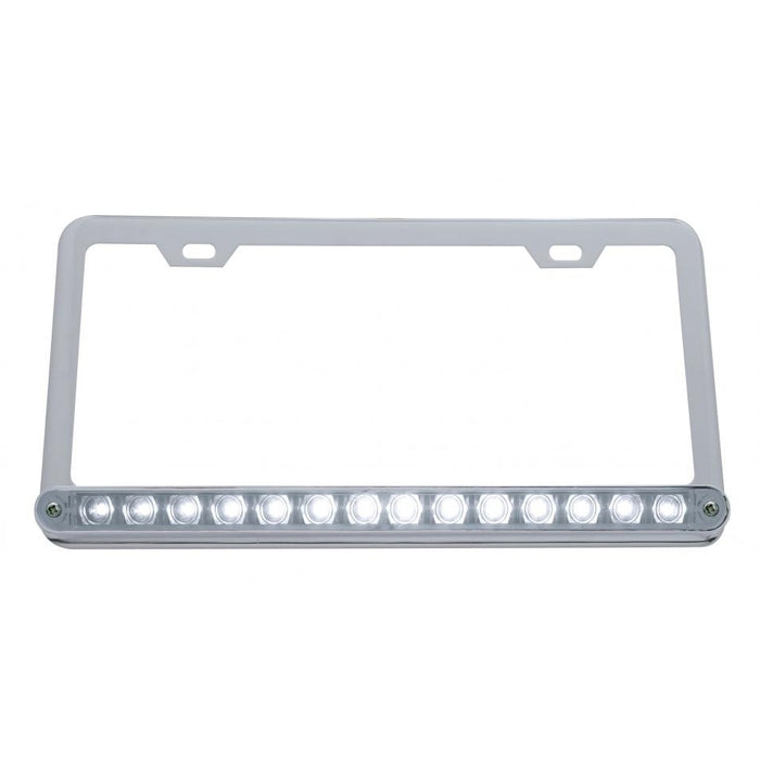 Chrome plastic license plate frame with White 14 diode LED auxiliary light
