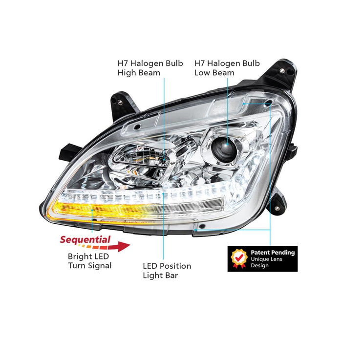 Peterbilt 579 projection-style halogen headlight assembly w/sequential LED turn signal - SINGLE