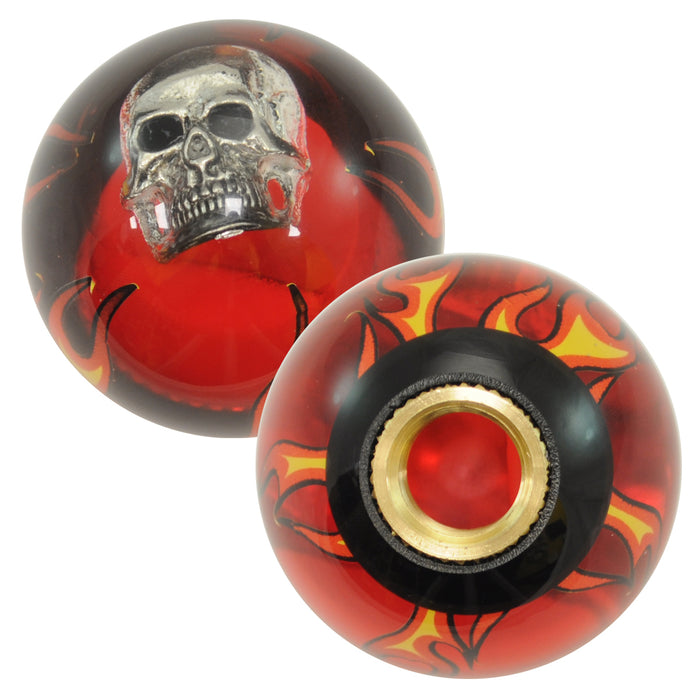 Flames red transparent w/Skull embedded 2.25" diameter round gear shift knob
