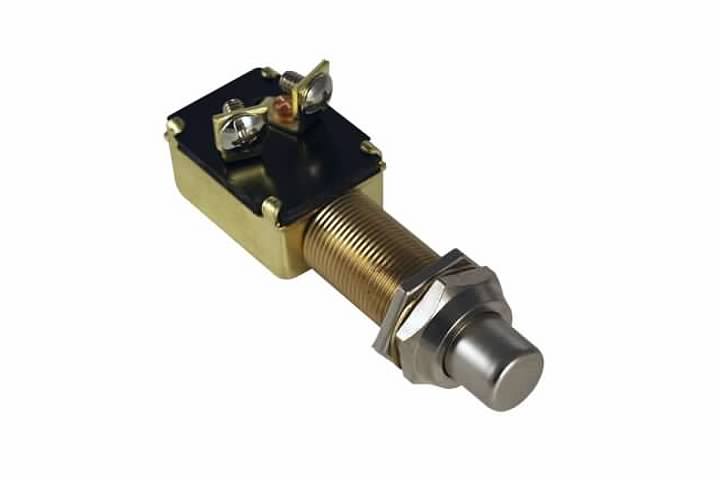 10 AMP @ 12 volt momentary on all brass w/ nickel plate facing starter switch w/ 5/8" mounting stem & 2 screw terminals - SINGLE