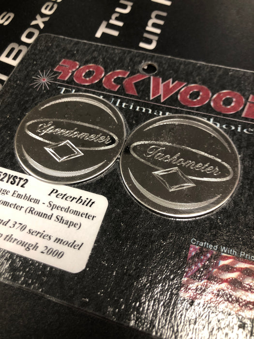 Rockwood Peterbilt "Speedometer/Tachometer" round style stainless steel gauge emblems