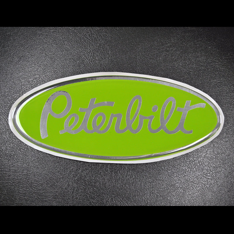 Peterbilt-style lime green/chrome emblem-sized decal