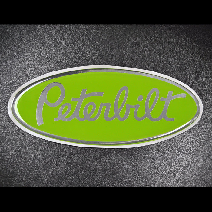Peterbilt-style lime green/chrome emblem-sized decal