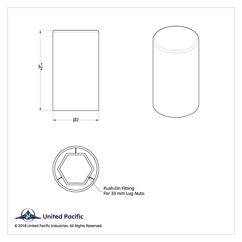 33mm chrome plastic 3.5" flat cylinder PUSH ON lugnut cover - SINGLE