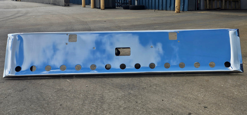 Kenworth W900L premium 8 gauge chrome 18" rolled end bumper w/standard tow & mounting holes, 15 round 2" light holes