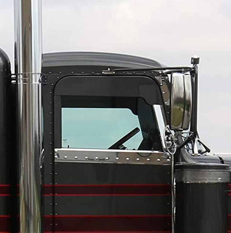 Peterbilt 379/386/389 2006+ stainless steel upper under window door trim - fits sloped door, tape mount
