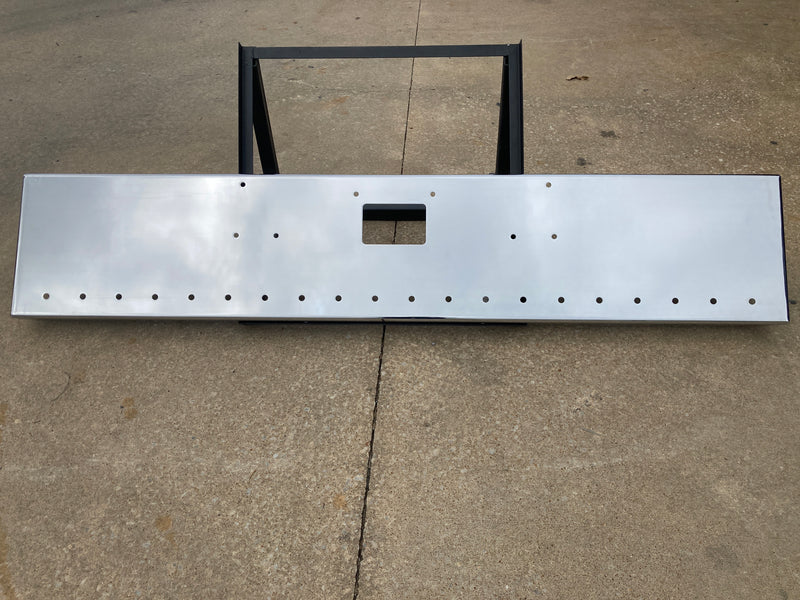 Peterbilt 379 premium 8 gauge chrome 18" boxed end bumper w/standard tow & mounting holes, 20 bullseye light holes