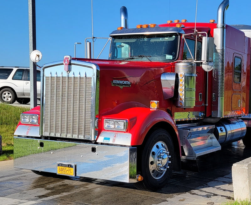 Kenworth W900L chrome mitered end bumper with standard tow & mounting holes