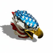 Eagle head sculpture with American flag design on a white background
