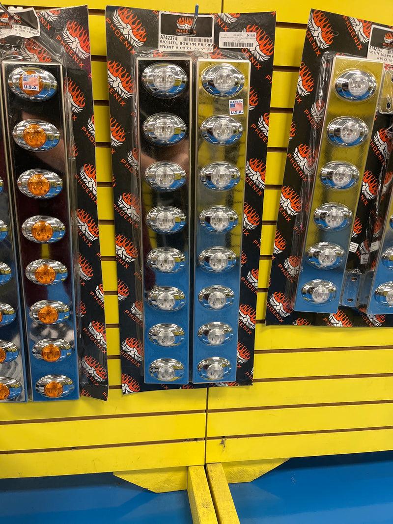 Peterbilt 589 stainless steel air cleaner light bracket with P3 LEDs