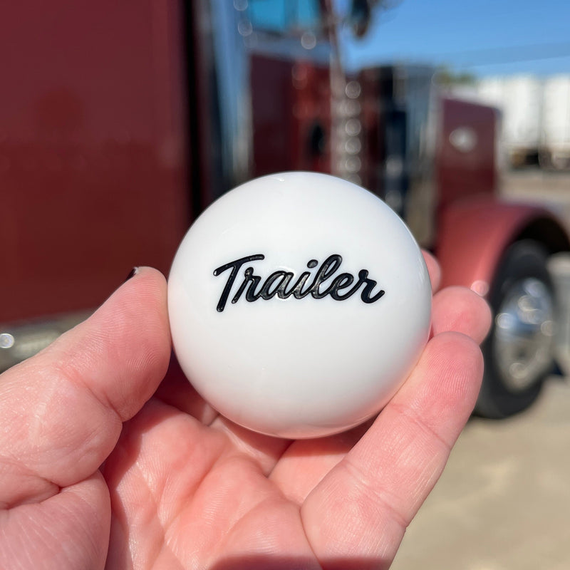 White Solid round tractor / trailer air brake knob with black engraved script - SINGLE
