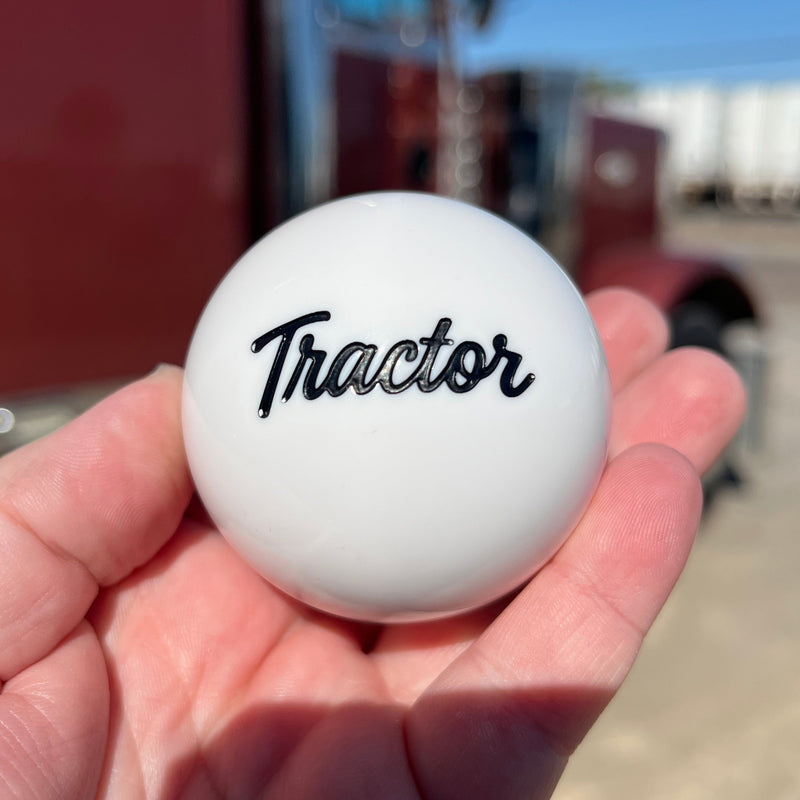 White Solid round tractor / trailer air brake knob with black engraved script - SINGLE