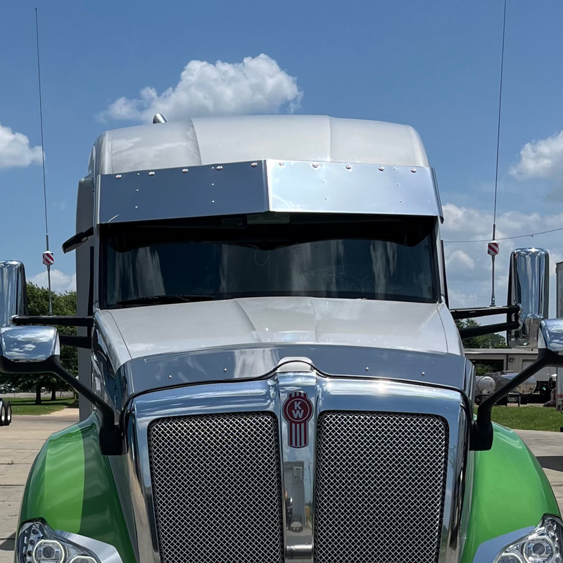 Kenworth T680 stainless steel 15" drop visor with 10-3/4" button light holes ONLY