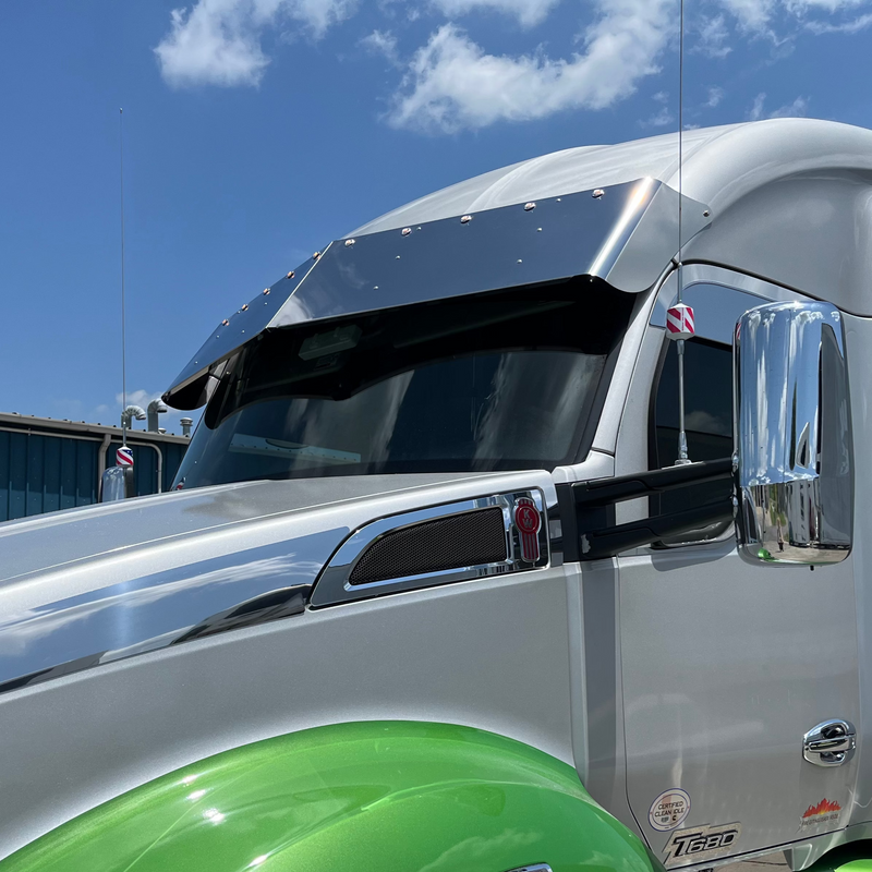 Kenworth T680 stainless steel 15" drop visor with 10-3/4" button light holes ONLY