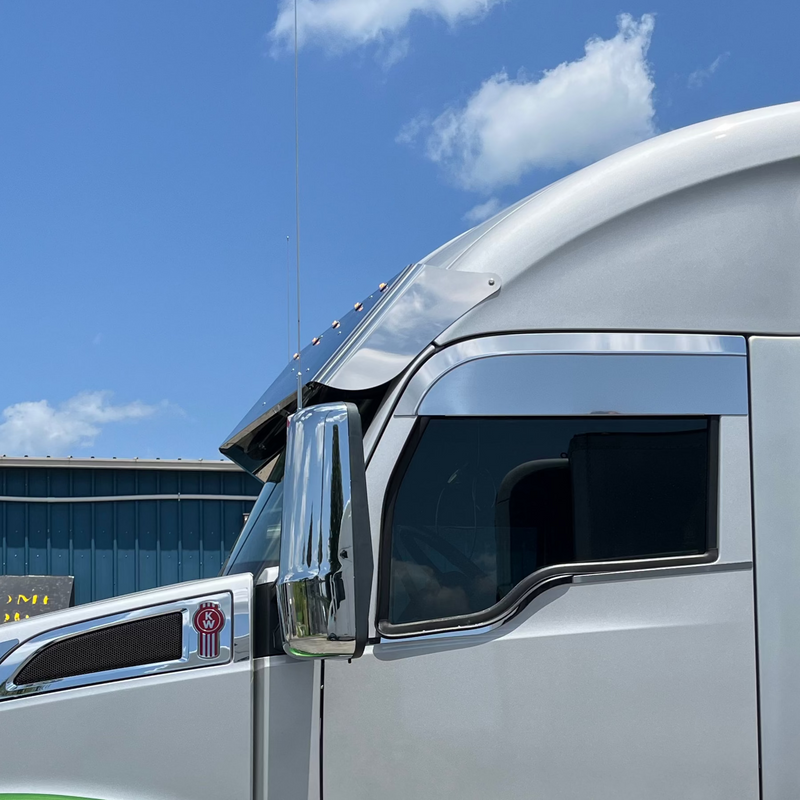 Kenworth T680 stainless steel 15" drop visor with 10-3/4" button light holes ONLY