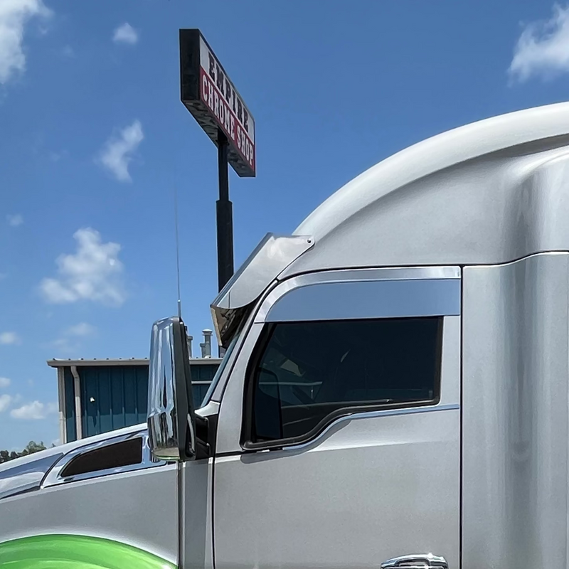 Kenworth T680 stainless steel 15" drop visor with 10-3/4" button light holes ONLY