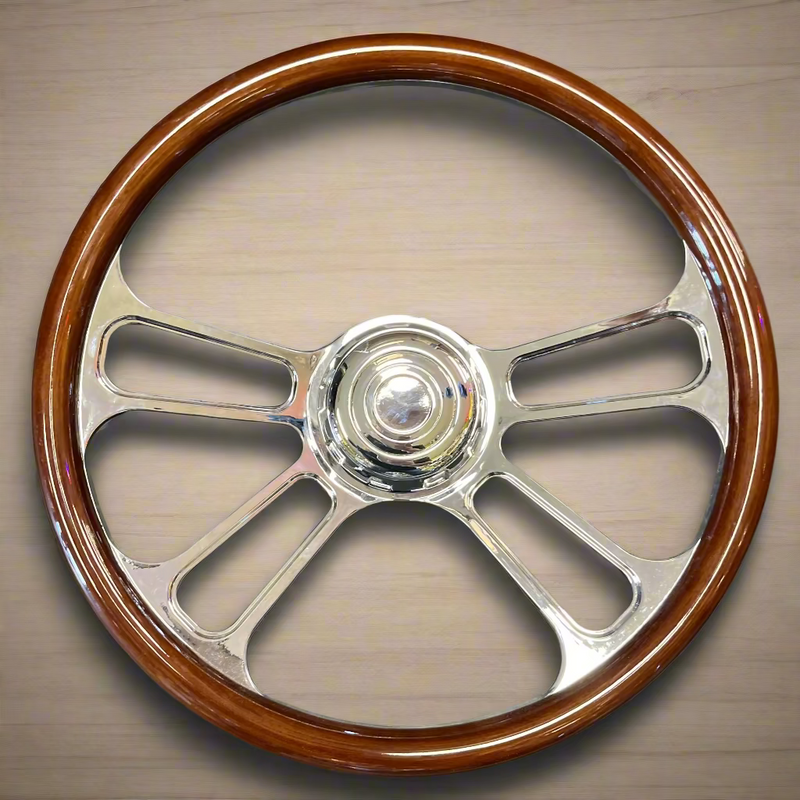 "Clover" 18" chrome spoke wood steering wheel w/horn button - 3 hole style