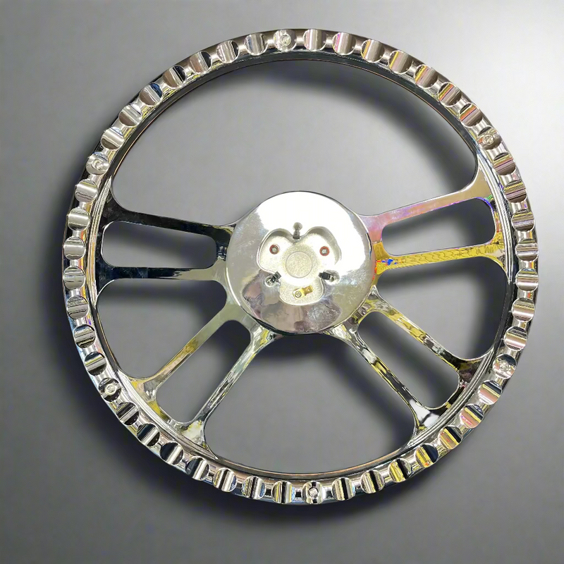 "Clover" 18" chrome spoke wood steering wheel w/horn button - 3 hole style