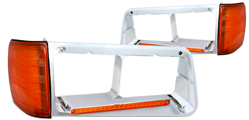 Freightliner FLD 120 chrome plastic headlight bezel with LED turn signal light