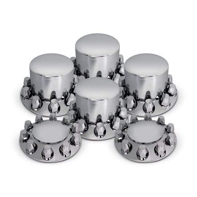 Economy full set of 6 chrome plastic dome axle covers - 2 steers, 4 drives, plus installation tool