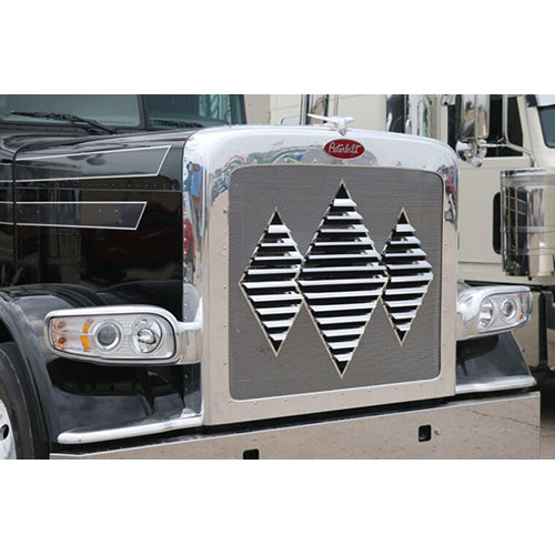 Peterbilt 379 extended hood stainless steel triple diamond louvered grill
