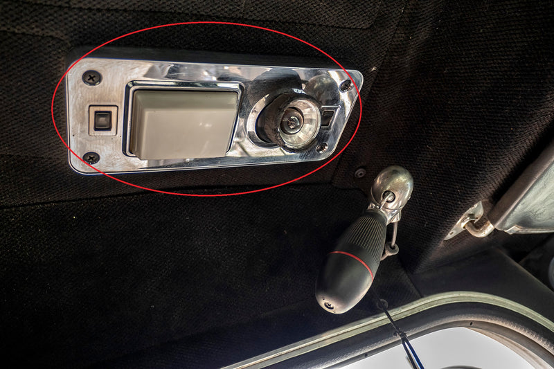 Peterbilt 379 stainless steel dome light plate with 2 light holes and 2 toggle switch holes