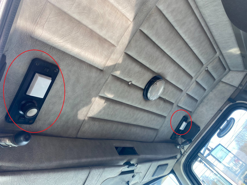 Peterbilt 379 stainless steel dome light plate with 2 light holes and 2 toggle switch holes