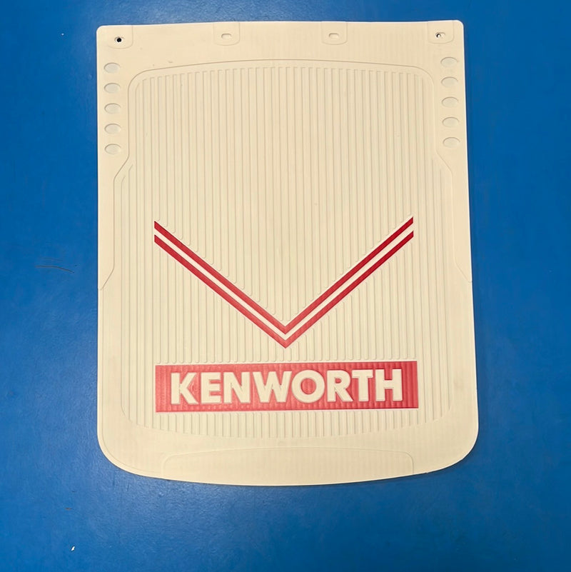 A single white rigid plastic mudflap with a red logo, featuring the brand name 'Kenworth' on a blue background.