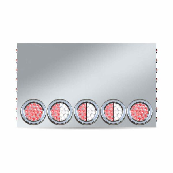 Dual Revolution 20" stainless steel rear center panel w/back, 3 Red/White 4" round, 2 Red 4" round, and 16 bullseye Red/White LED lights