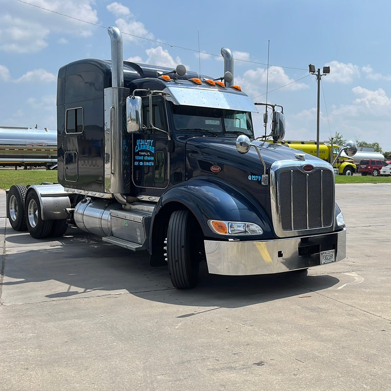 Peterbilt 386 chrome wraparound bumper with tow hook holes