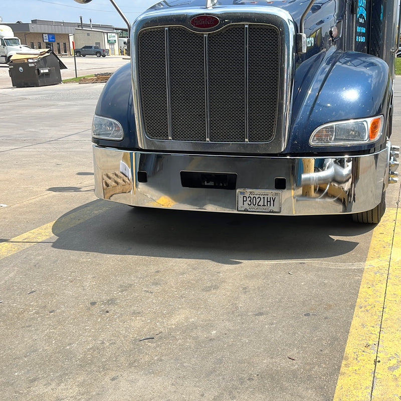 Peterbilt 386 chrome wraparound bumper with tow hook holes