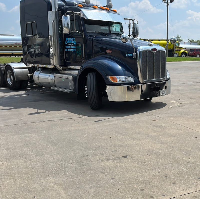 Peterbilt 386 chrome wraparound bumper with tow hook holes