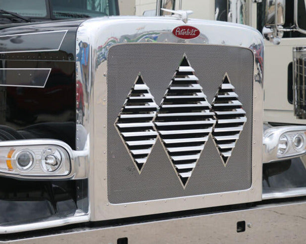 Peterbilt 388 / 389 extended hood stainless steel triple diamond louvered grill