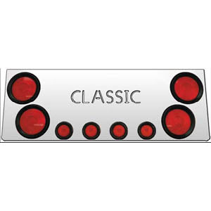 12" stainless steel rear center panel w/4 round 4", 4 round 2", and "Classic" cutout