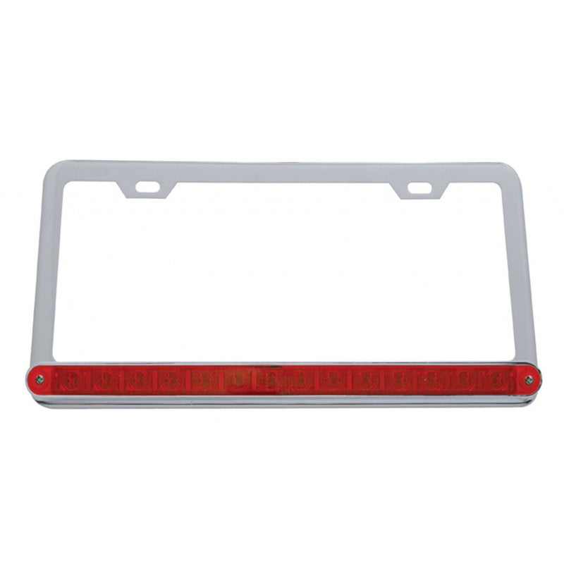 Chrome plastic license plate frame w/Red 14 diode LED turn signal light