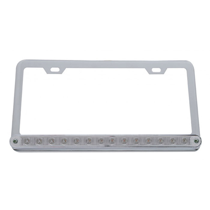 Chrome plastic license plate frame w/Red 14 diode LED turn signal light - CLEAR lens
