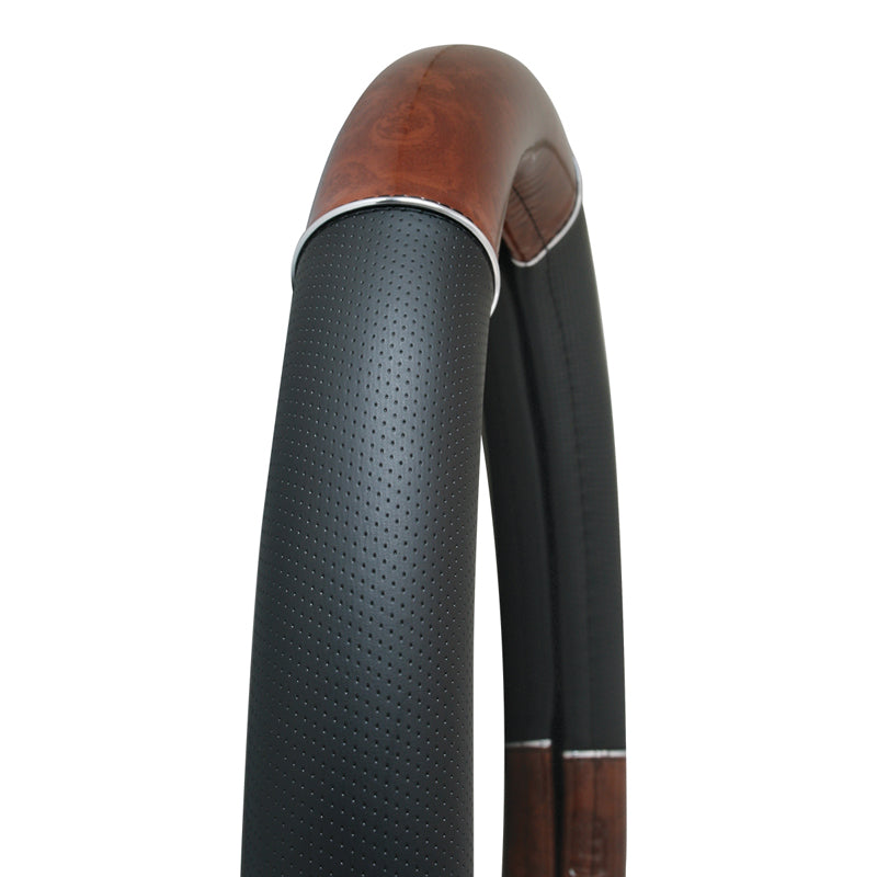 18" deluxe steering wheel cover - black w/dark wood and chrome trim