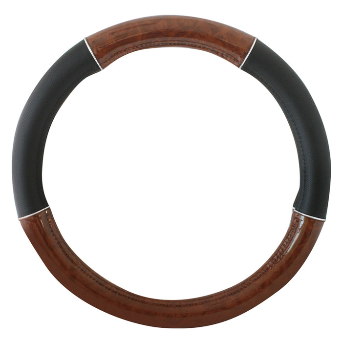 18" deluxe steering wheel cover - black w/dark wood and chrome trim