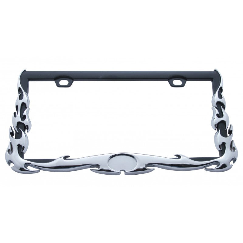 Chrome plastic license plate frame w/tribal flame design