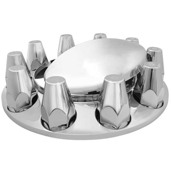 Chrome plastic front axle cover w/ten 33mm thread-on lugnut covers - commercial quality