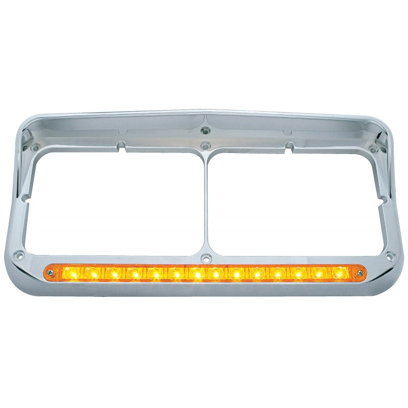 Chrome plastic dual rectangular headlight bezel w/visor, amber LED turn signal light