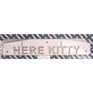 24" stainless steel cutout mudflap weights w/backs - PAIR - "HERE KITTY"